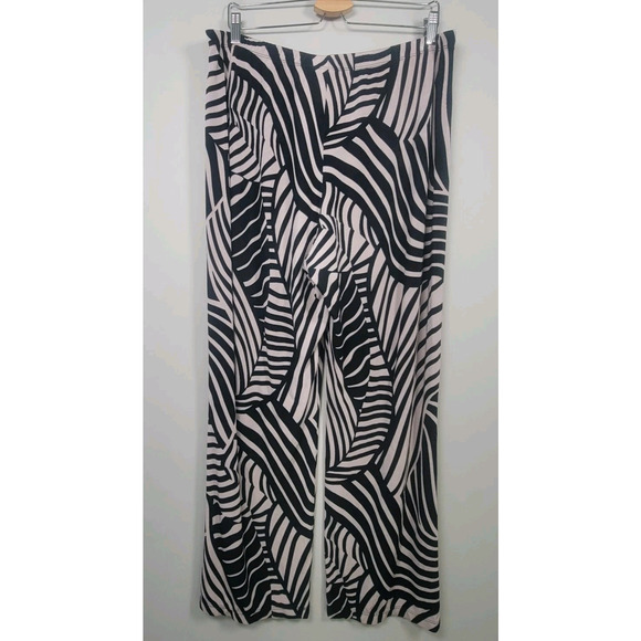 Chicos Travelers Sz 3 Slinky Acetate Pullon Pants Wide Leg Black White - Picture 1 of 11